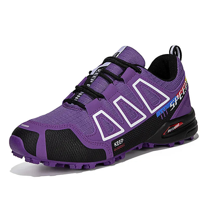 Breathable large size hiking shoes front lace-up leather upper non-slip natural rubber outsole in purple colour