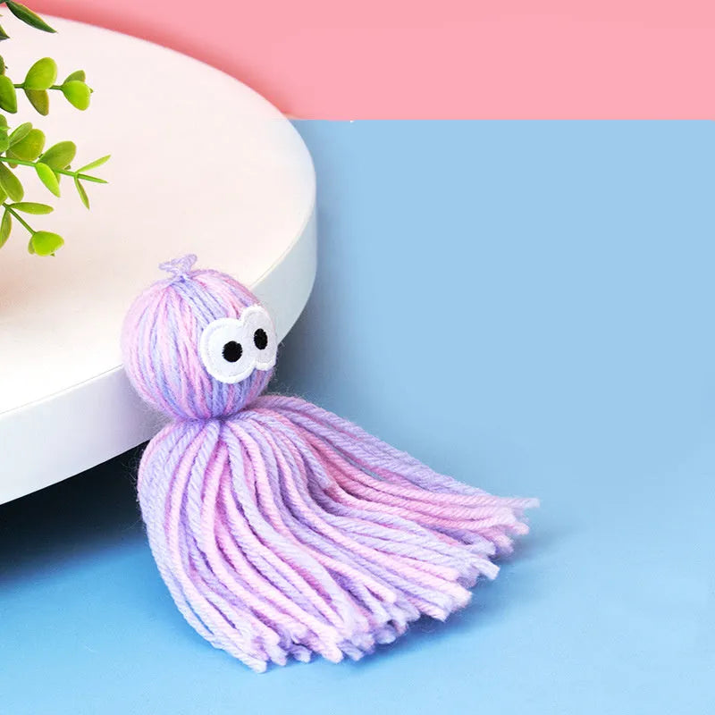 Hanging cat wool ball toy with teaser stick in blue gray, pink blue, or pink purple colour options