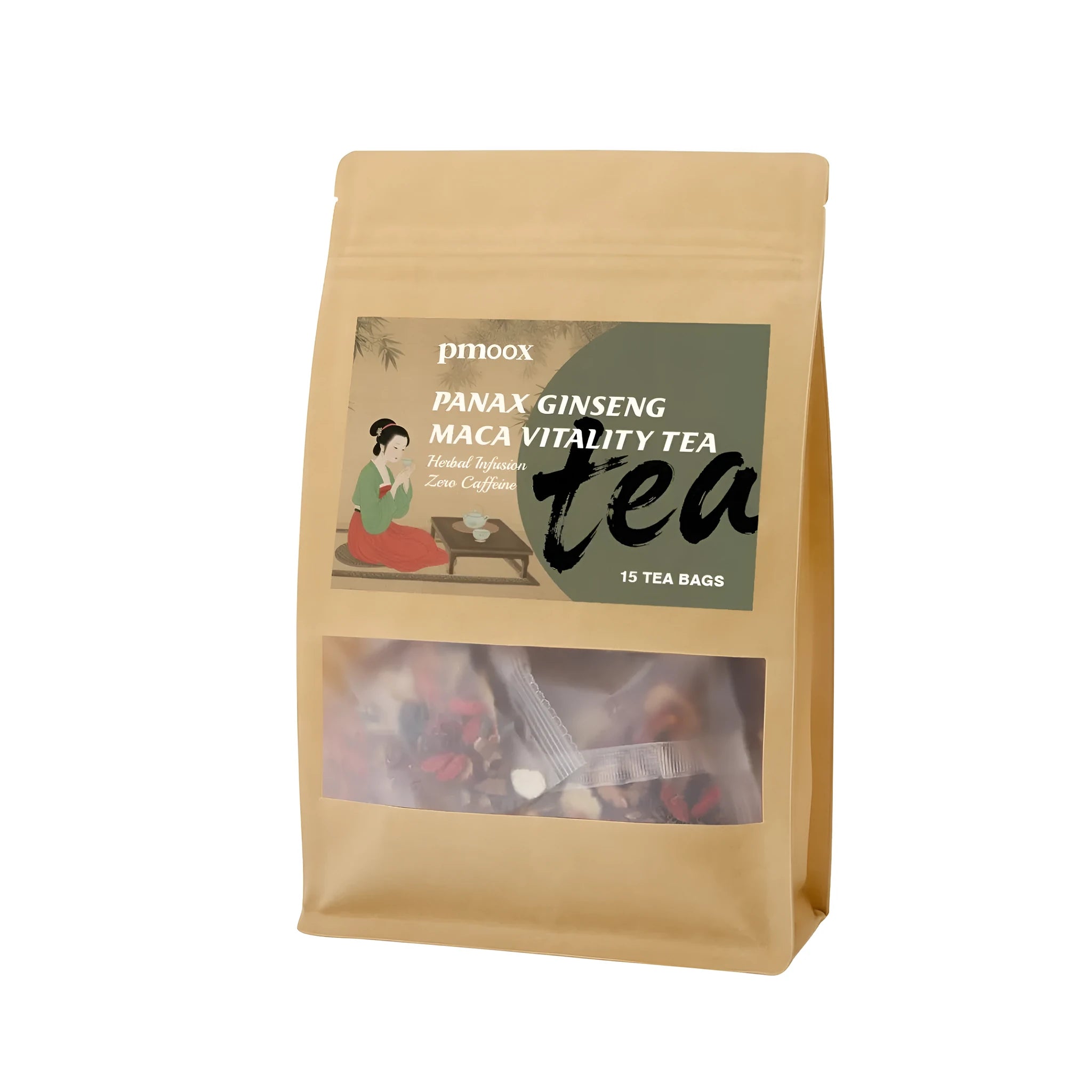 Box of Panax Ginseng Maca Vitality Tea with 15 tea bags showing herbal ingredients