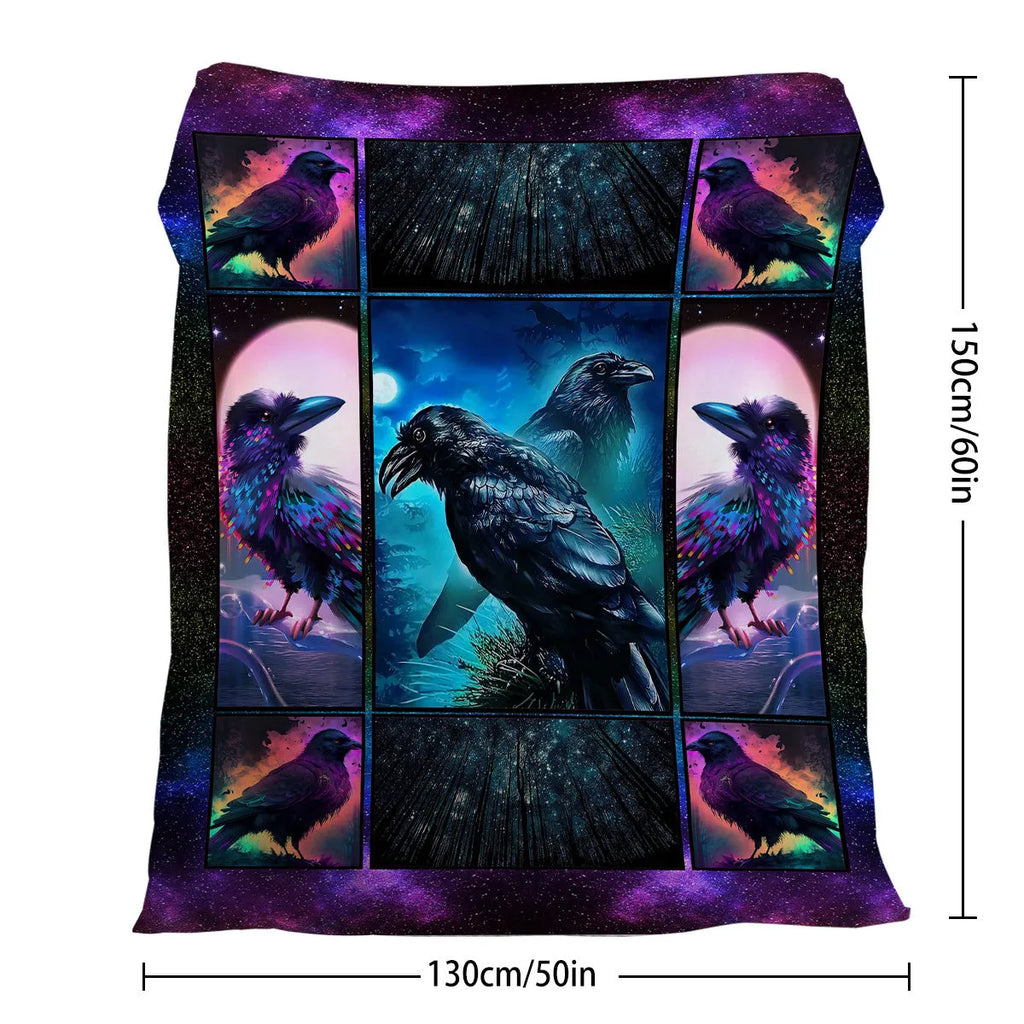 Multicoloured flannel velvet blanket with raven print, three size options, hemmed edges for durability