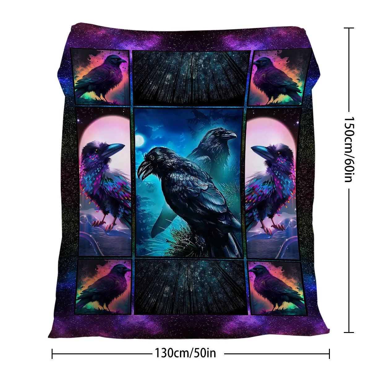 Multicoloured flannel velvet blanket with raven print, three size options, hemmed edges for durability