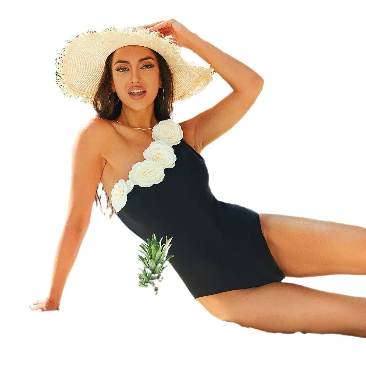 Solid black one-piece swimsuit for women on a mannequin.