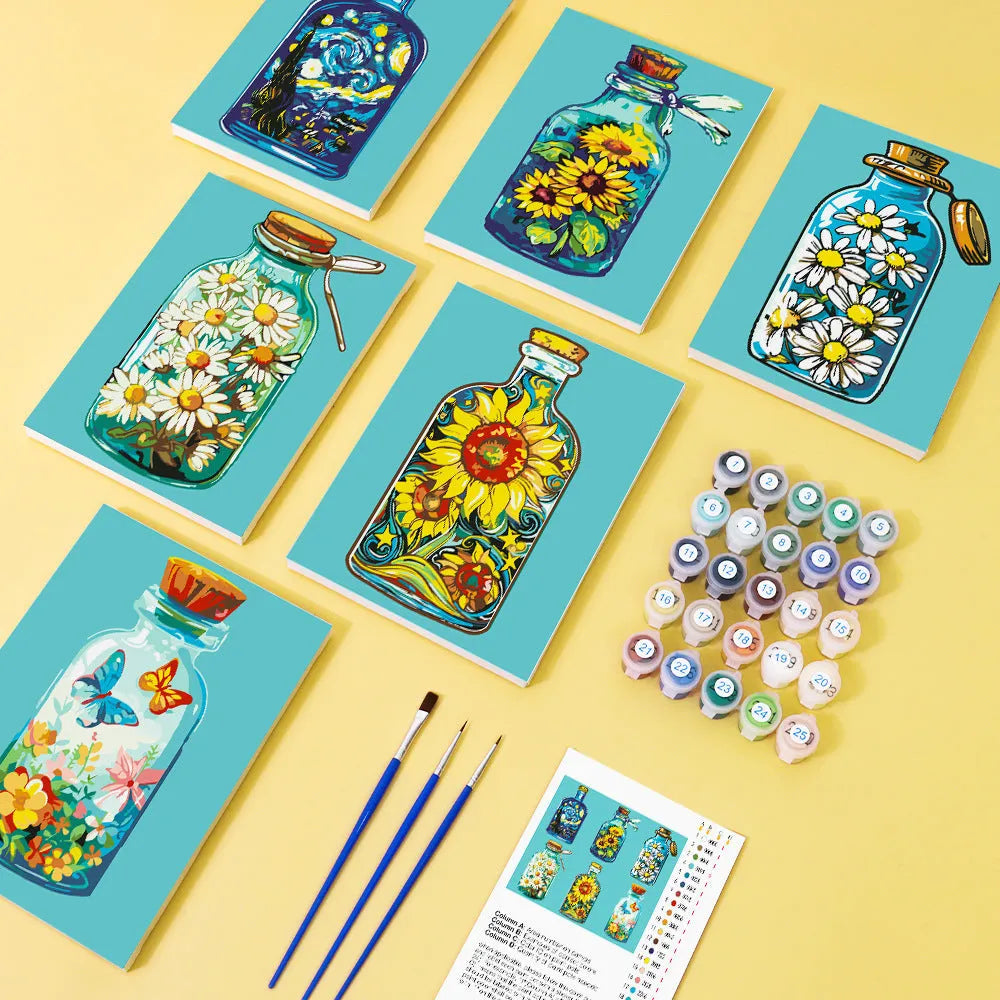 Small digital oil painting DIY mini kit with 15x15CM 6-piece and 9-piece sets and solid wood frame option