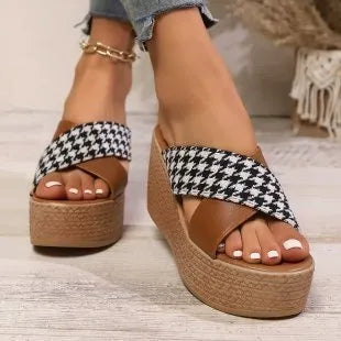 Brown and black cross leopard plaid wedge sandals with rubber soles