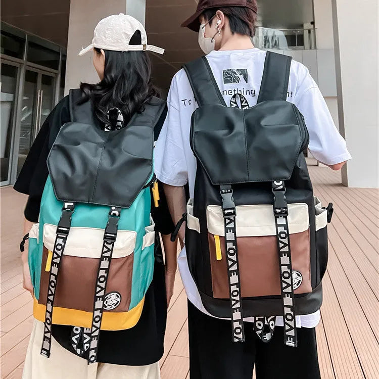 Oxford cloth fashion backpack in black, green, or red, shown with adjustable straps for multiple carrying styles.