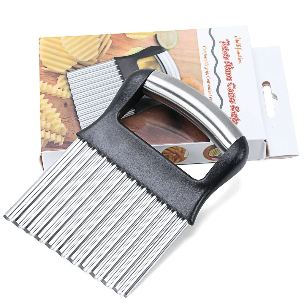Stainless steel potato wave knife kitchen tool in black on a wooden surface.