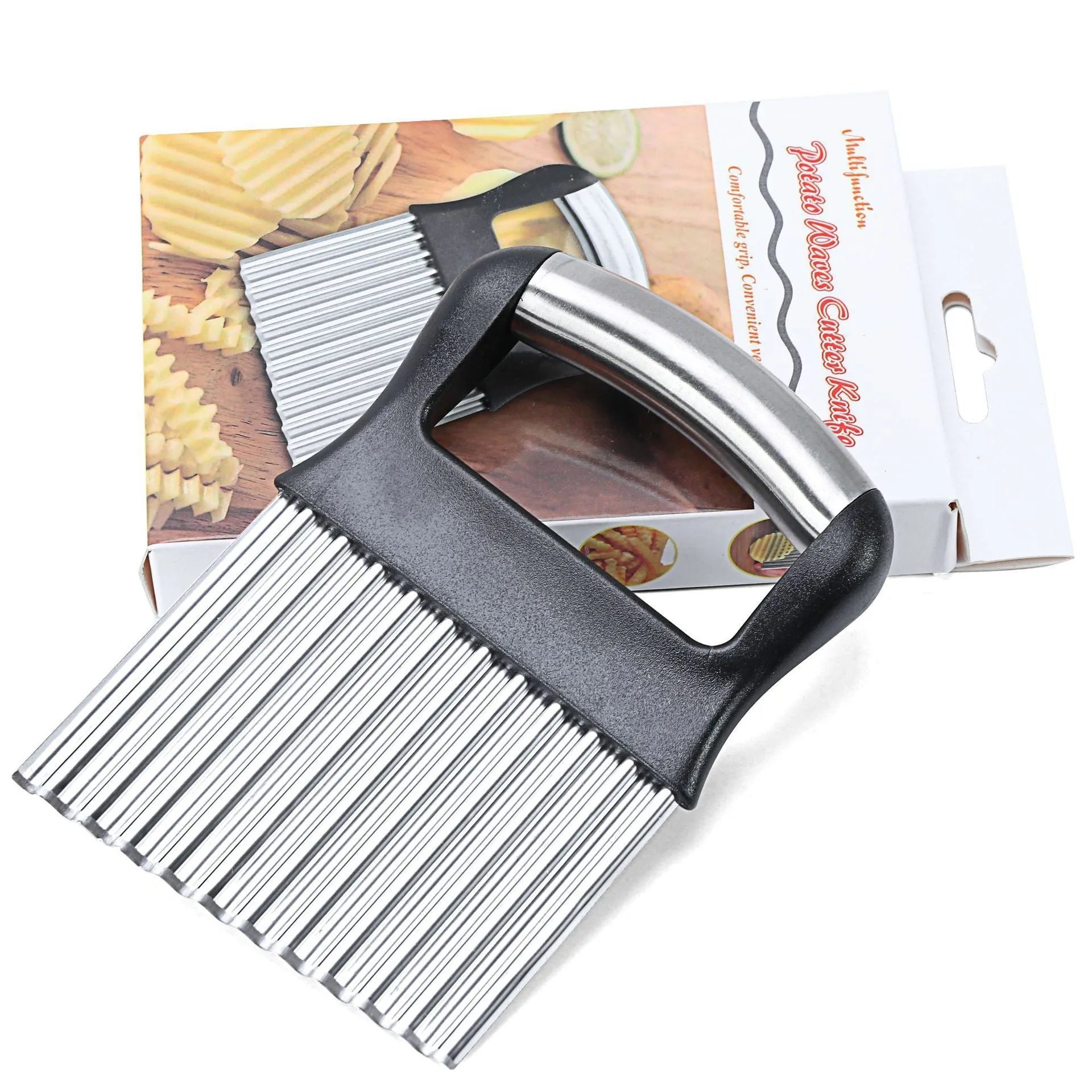 Stainless steel potato wave knife kitchen tool in black on a wooden surface.