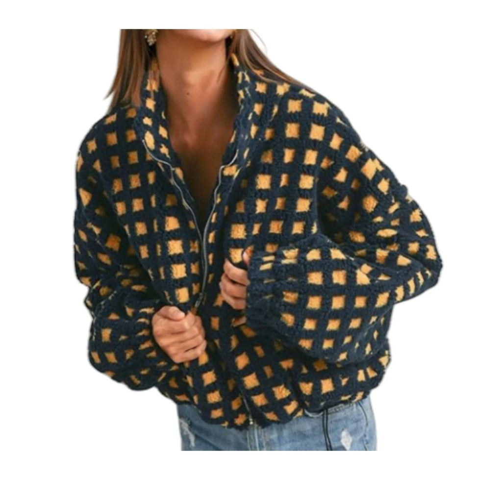 Women's anti-blowing lamb wool plaid casual jacket in red plaid, loose fit, polyester fibre