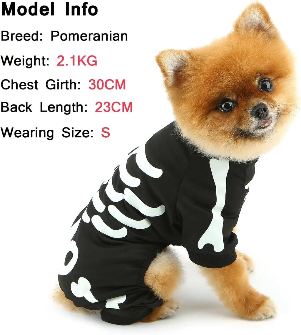 Glow in the dark skeleton Halloween dog costume jumpsuit for small dogs, sizes S to XL