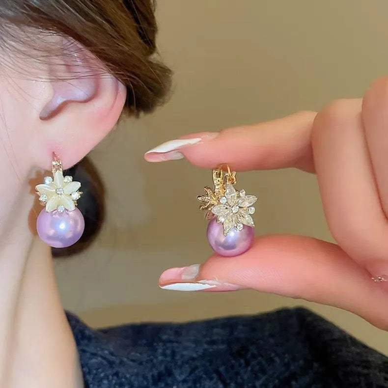 Purple pearl flower earrings with faux pearl centre, simple fashion style, shown in purple red and white options
