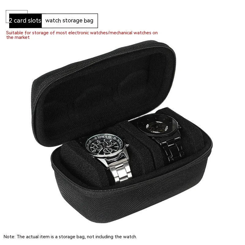 Black drop-resistant watch storage bag with EVA padding and velvet lining, 1 card position, on a flat surface
