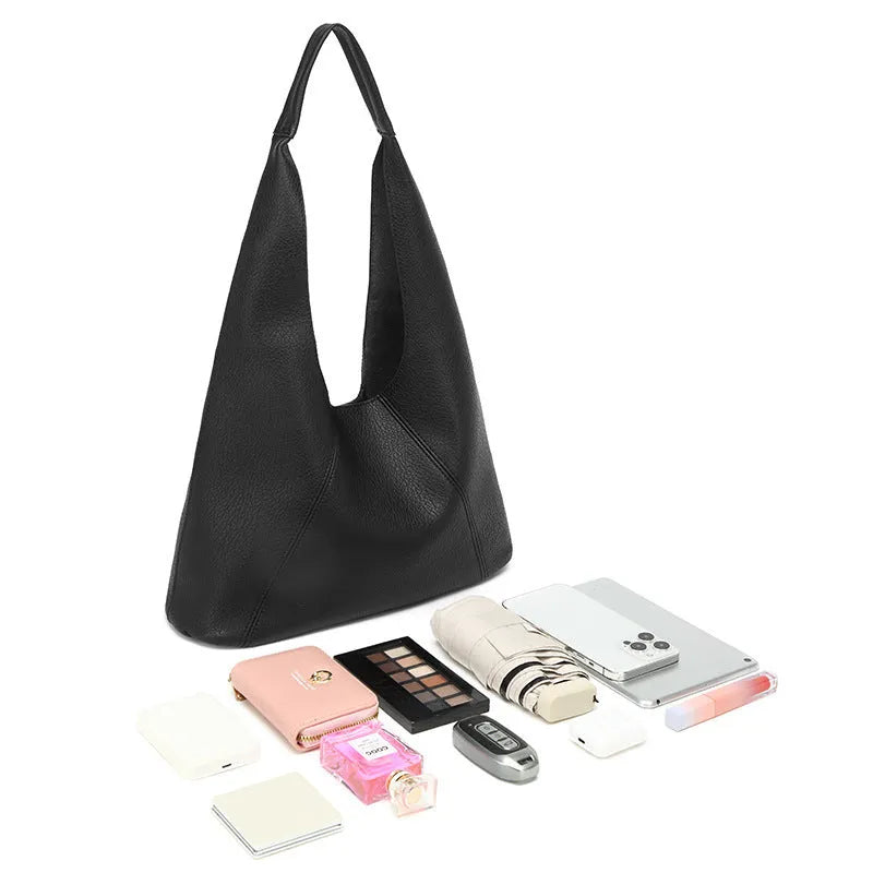 Large capacity PU tote bucket bag in brown, vertical square shape 34x10x43cm, with contrast stitching and sandwich pocket