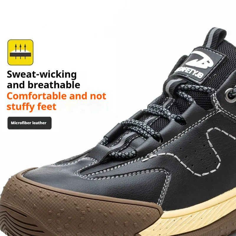 Leather safety work shoes with Flyknit construction and rubber sole in black colour