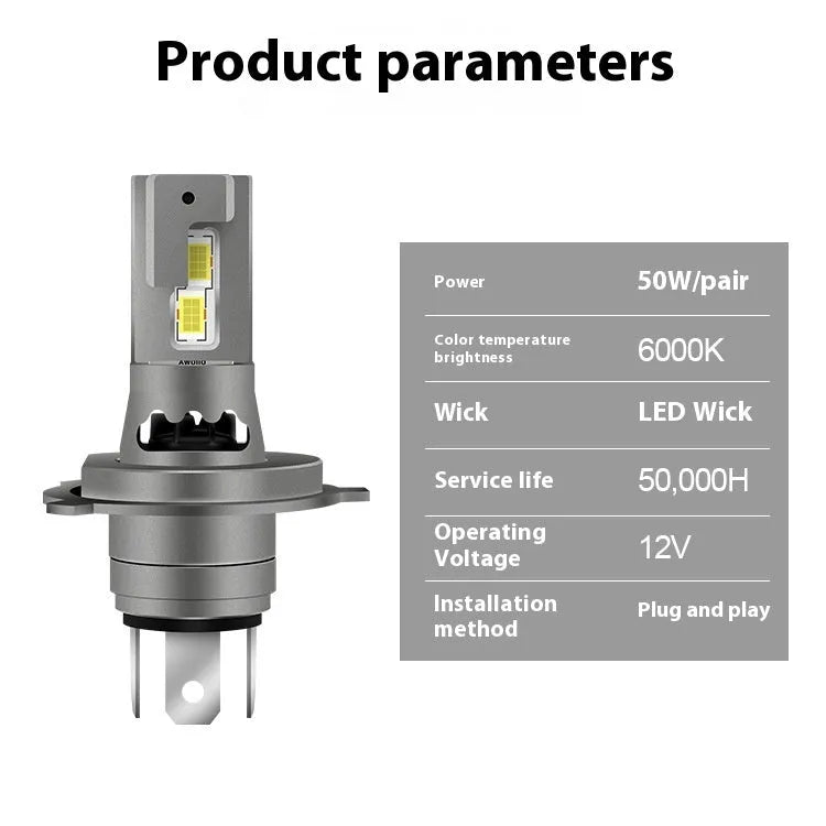 H4 LED car headlight bulb with fan cooling and aluminium housing, white light, IP65 waterproof