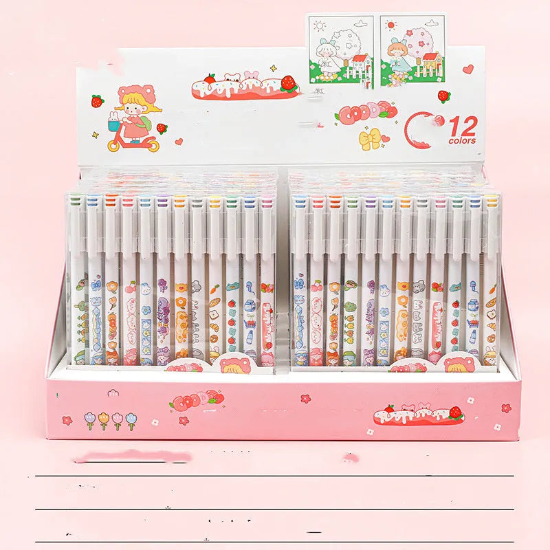 Twelve coloured cartoon-design gel pens with 0.5mm tips arranged in set