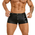 Black men's leather-look shorts with U-pouch front design on a model