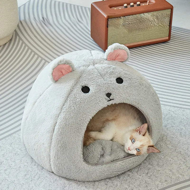 Cartoon cat and mouse all cotton soft fluffy pet bed house mat for small cats and dogs, light gray
