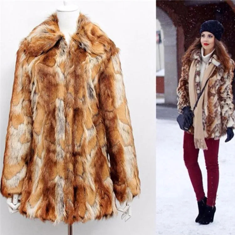 Women's tiger pattern faux fur leather jacket in a slim, medium-length street fashion style.