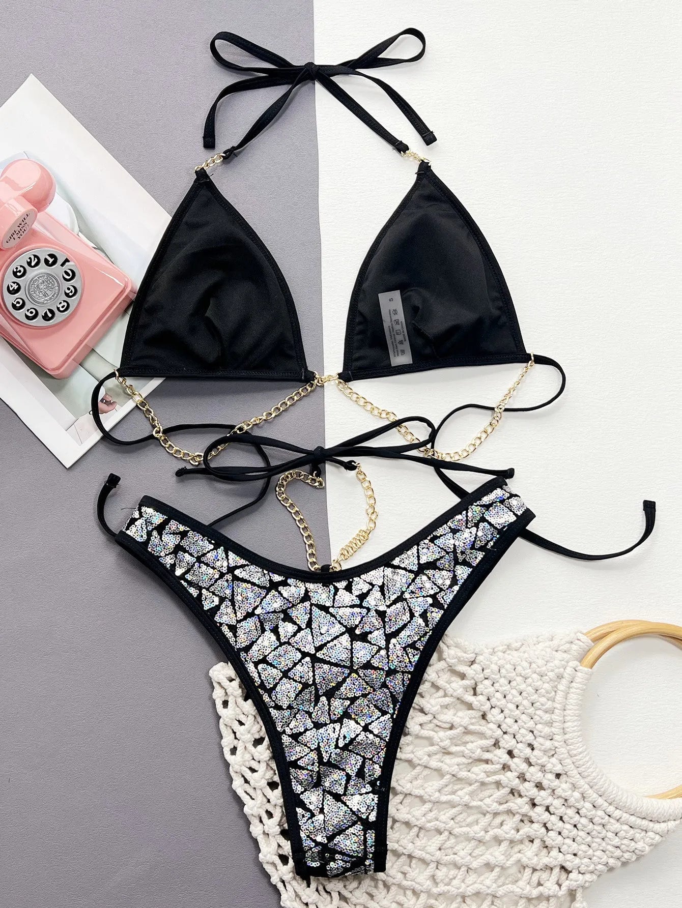 Women's silver black flash iron chain bikini swimsuit with brief style