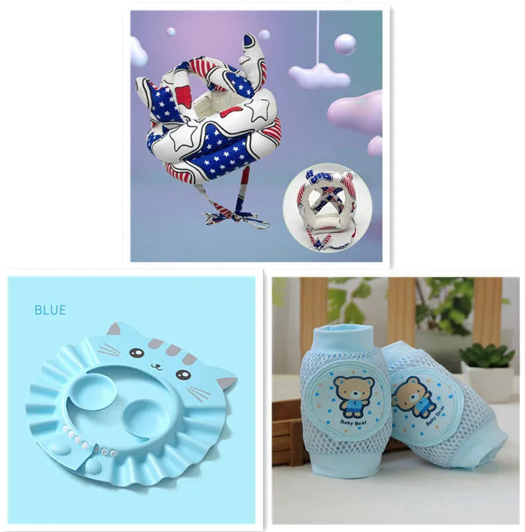 Adjustable baby shower cap with ear protectors in soft EVA material, shown in blue.