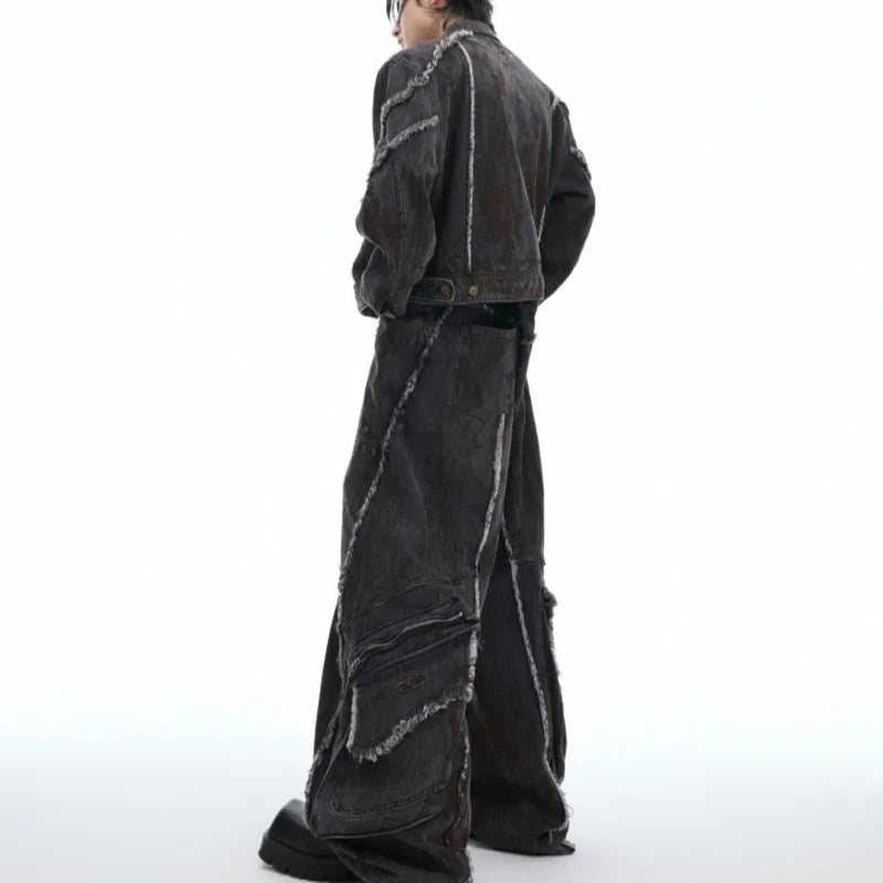 Loose fit distressed denim coat with splash-dye gradient pattern and matching black trousers