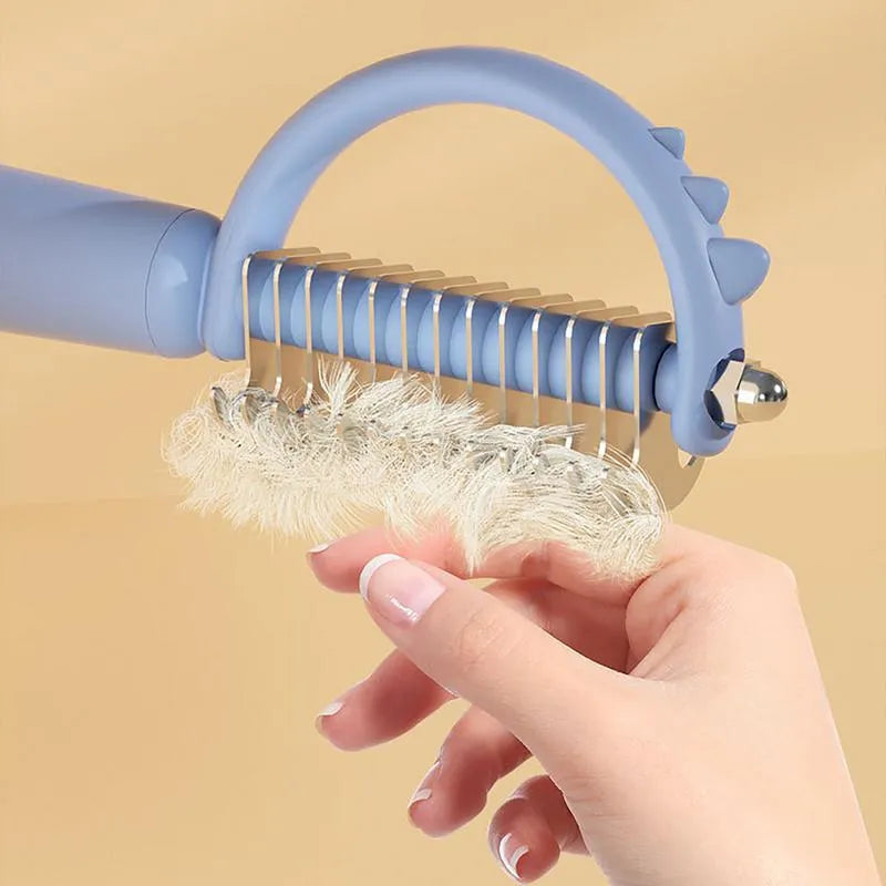 Dinosaur shaped double-sided self-cleaning cat brush with stainless steel pins