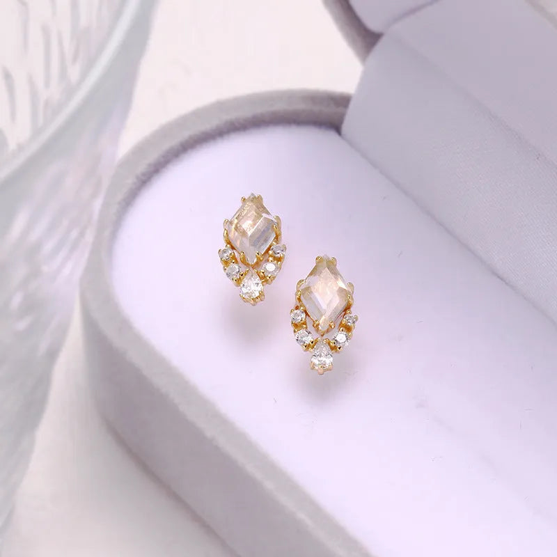 Geometric 925 silver stud earrings with sweet white electroplated crystals