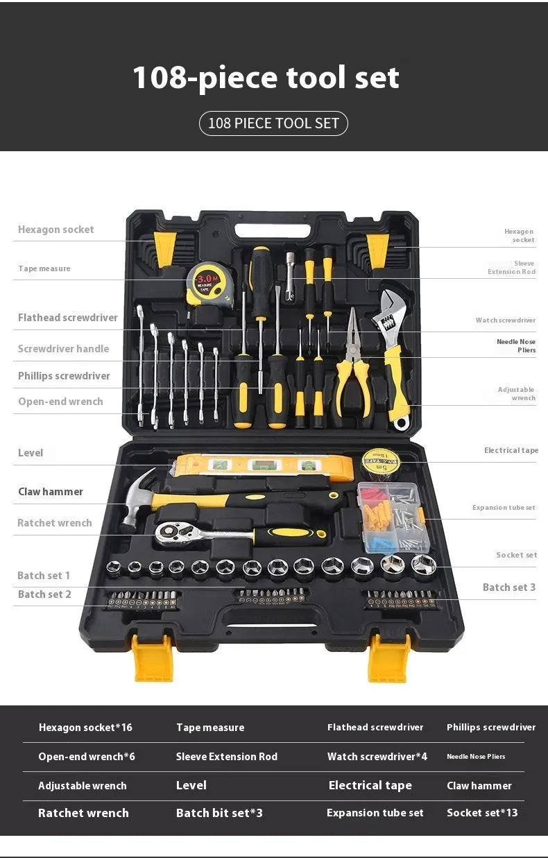 Carbon steel comprehensive household hardware kit 108pcs tools suit for home maintenance