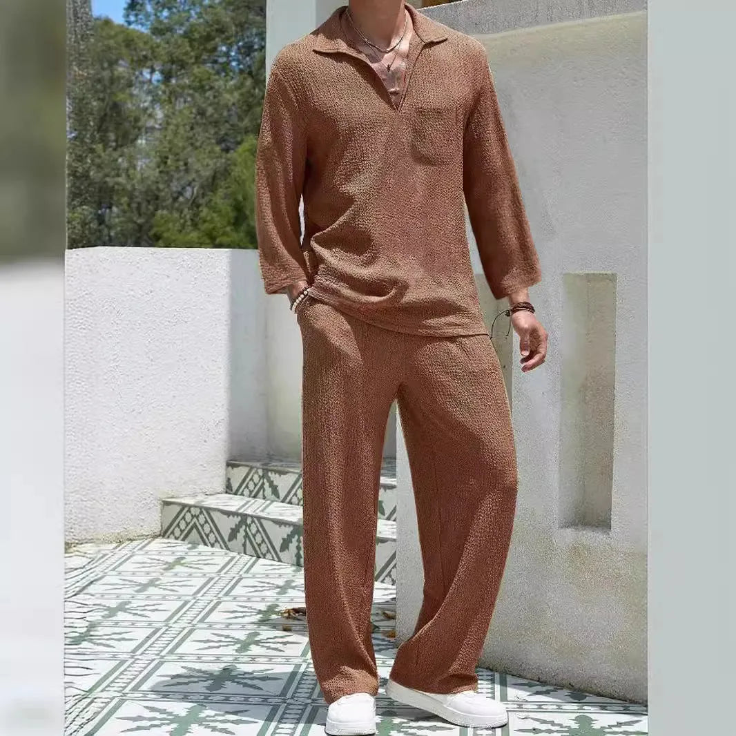 Men's casual shirt and trousers suit in polyester, shown in lake blue, khaki, black, and caramel colour options.