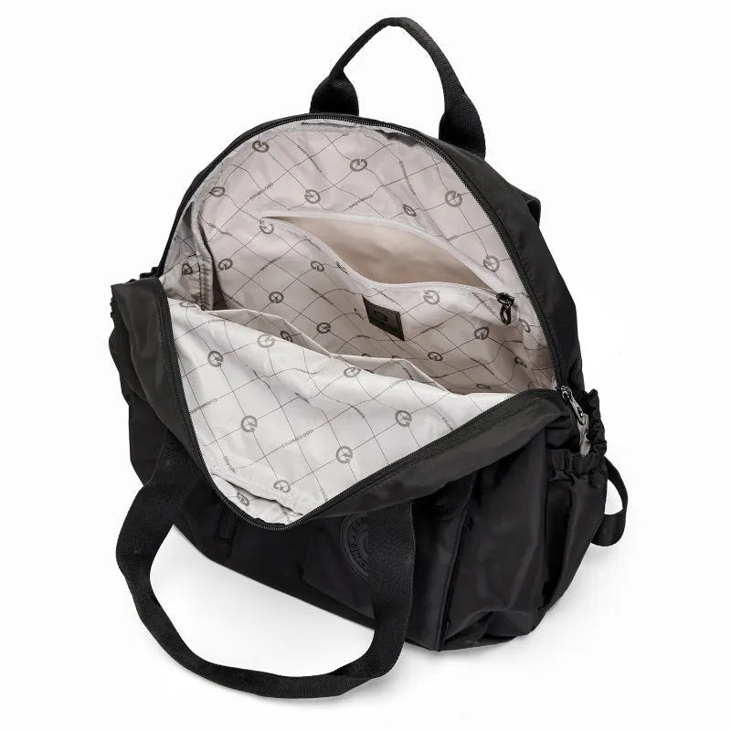Large black nylon outdoor backpack with sandwich pocket, showing dimensions of 48cm height.