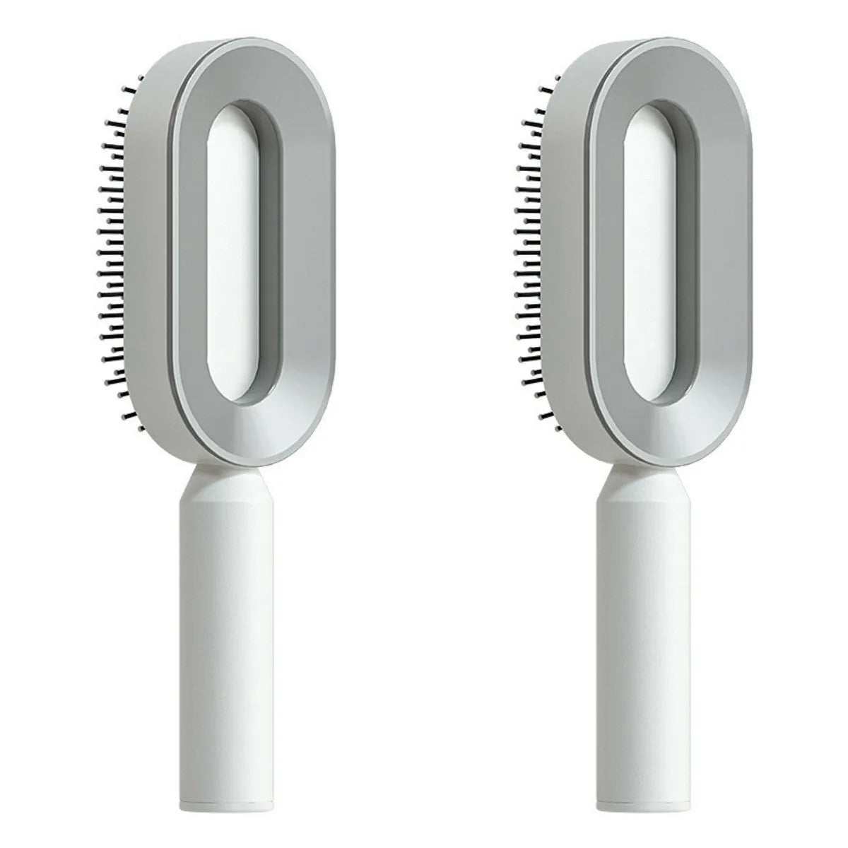 Self-cleaning air cushion hair brush in white, black gold, or black purple with ergonomic handle