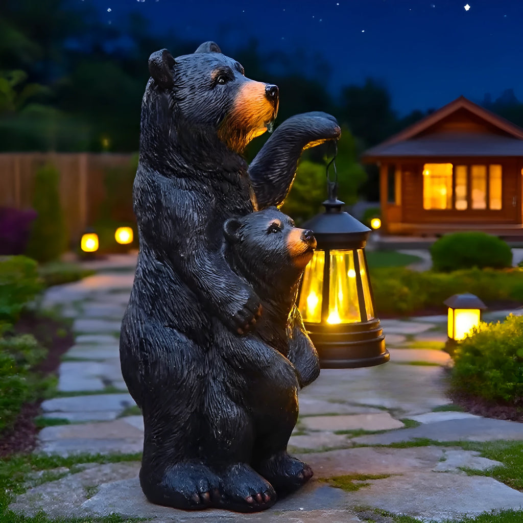 Resin bear lantern ornament in Black Bear or Grizzly Bear Mother And Child design for shelf and cabin decor