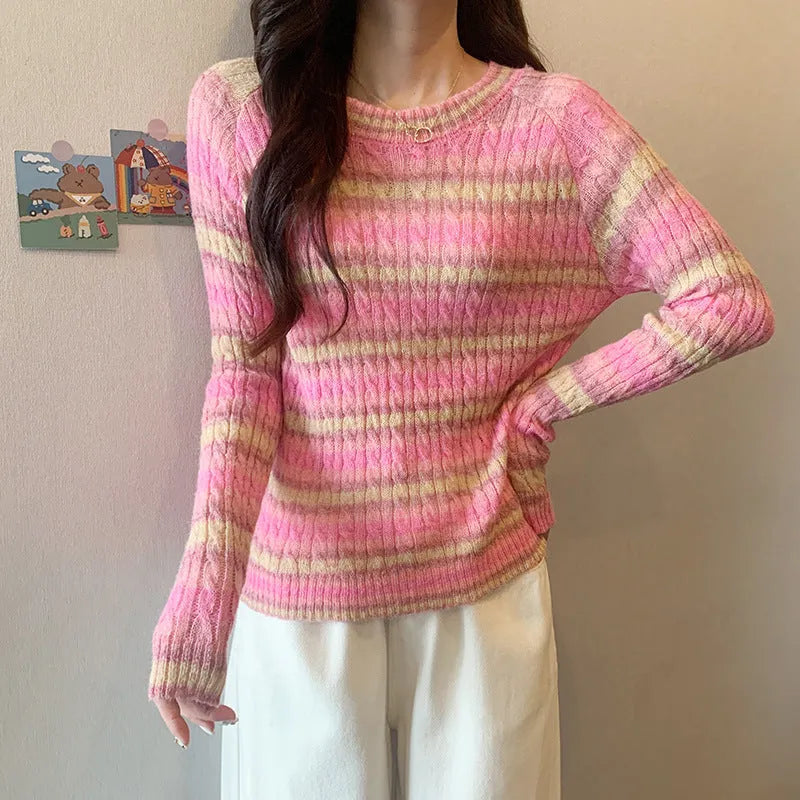Striped round neck pullover sweater for women, slim fit, long sleeves, pink colour, embossed knit fabric