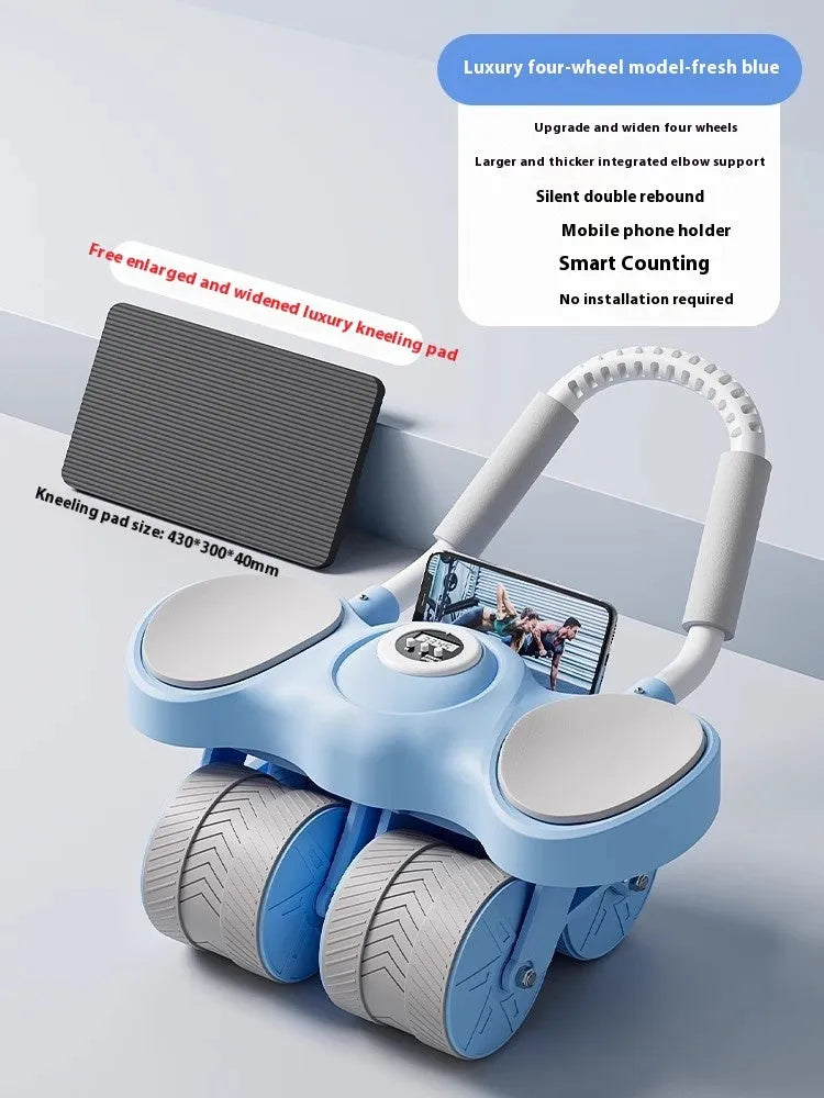 Blue automatic rebound abdominal wheel with large elbow supports on a wooden floor.