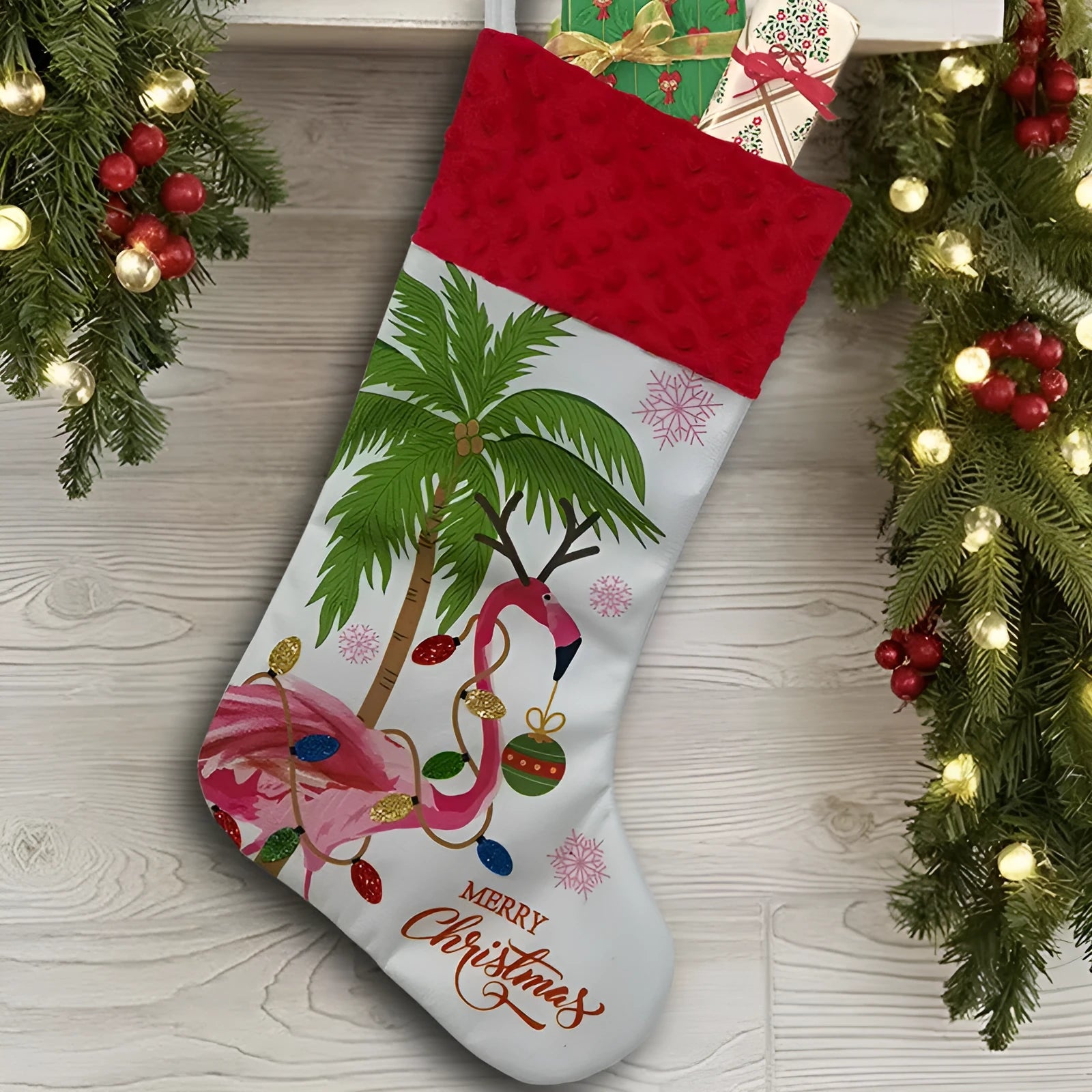 Flamingo design cloth Christmas stocking, 46cm long, in one of three colourful American styles.