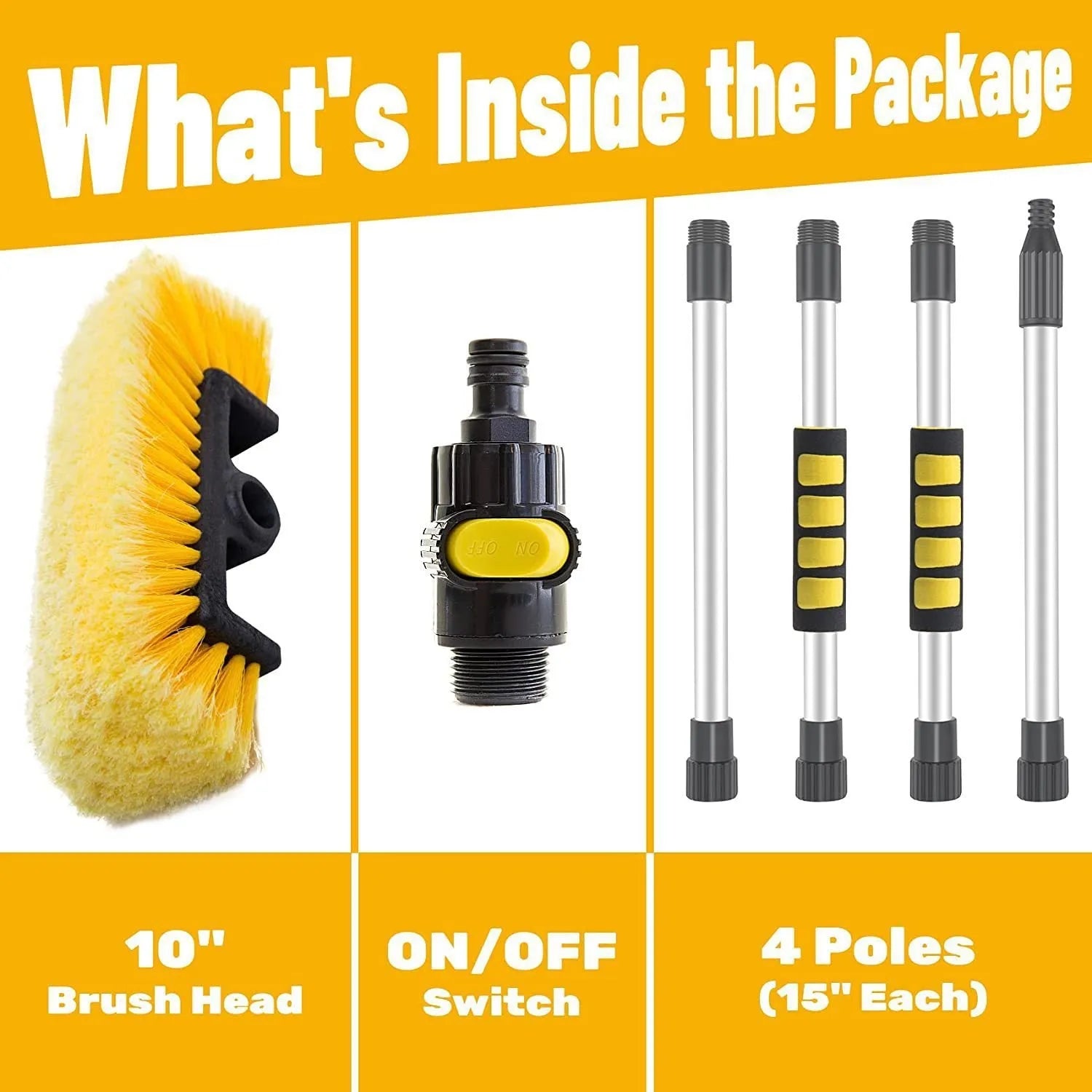 Yellow portable car wash brush with four-section removable rod and flow-through brush head