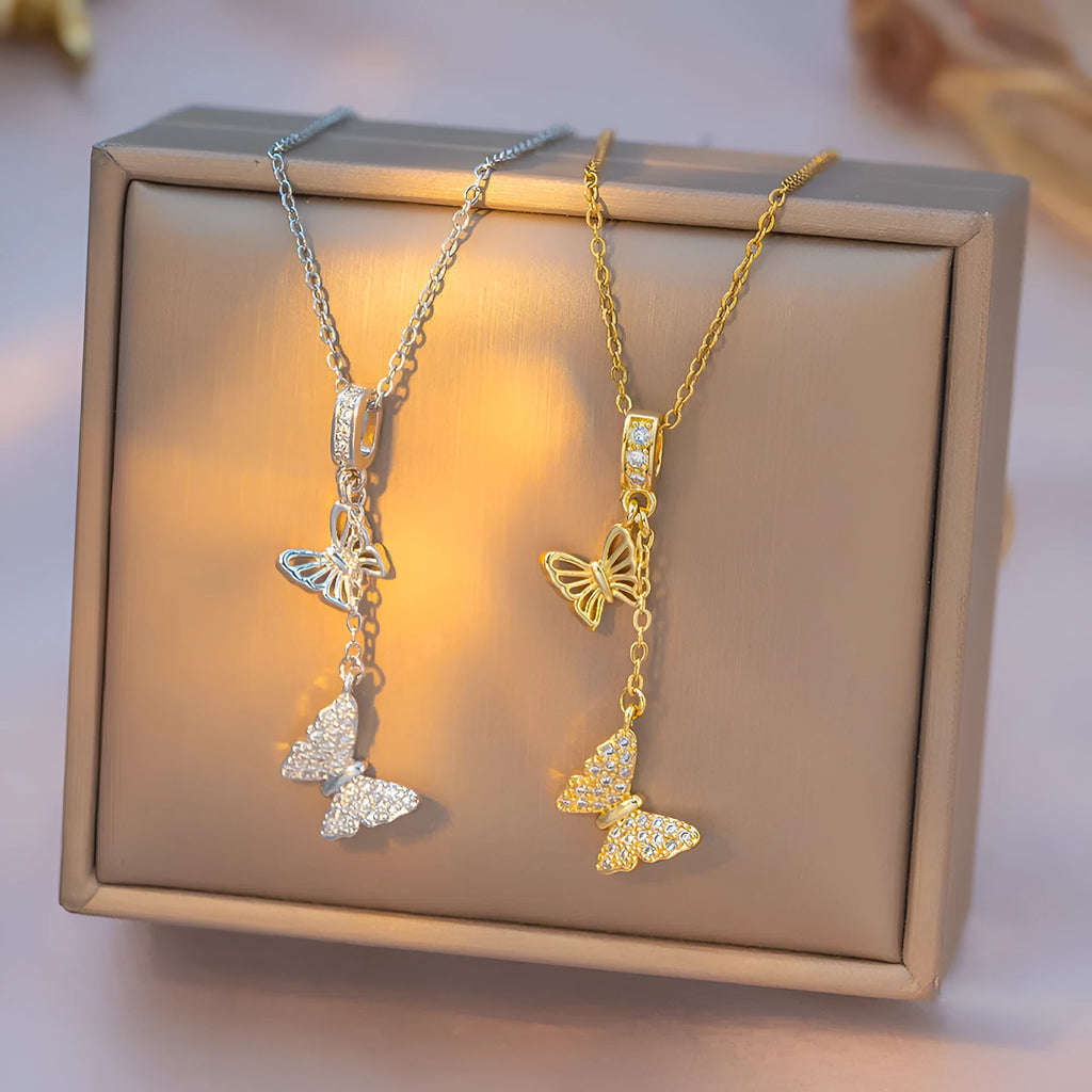 Gold full rhinestone micro-inlaid butterfly tassel necklace on copper pendant with stainless steel O-ring chain