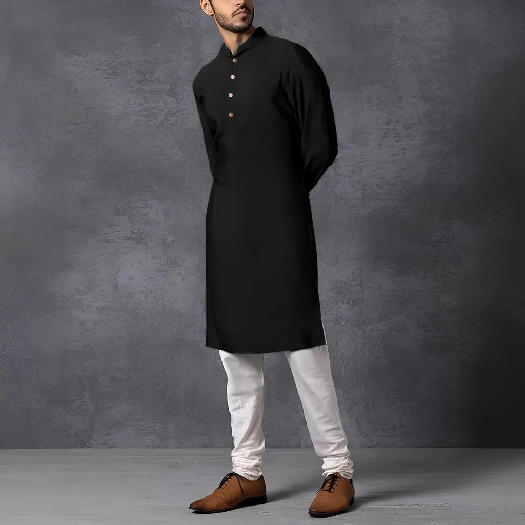 Men's black solid colour long sleeve slim fit stand collar polyester robe, sizes M to XXXL