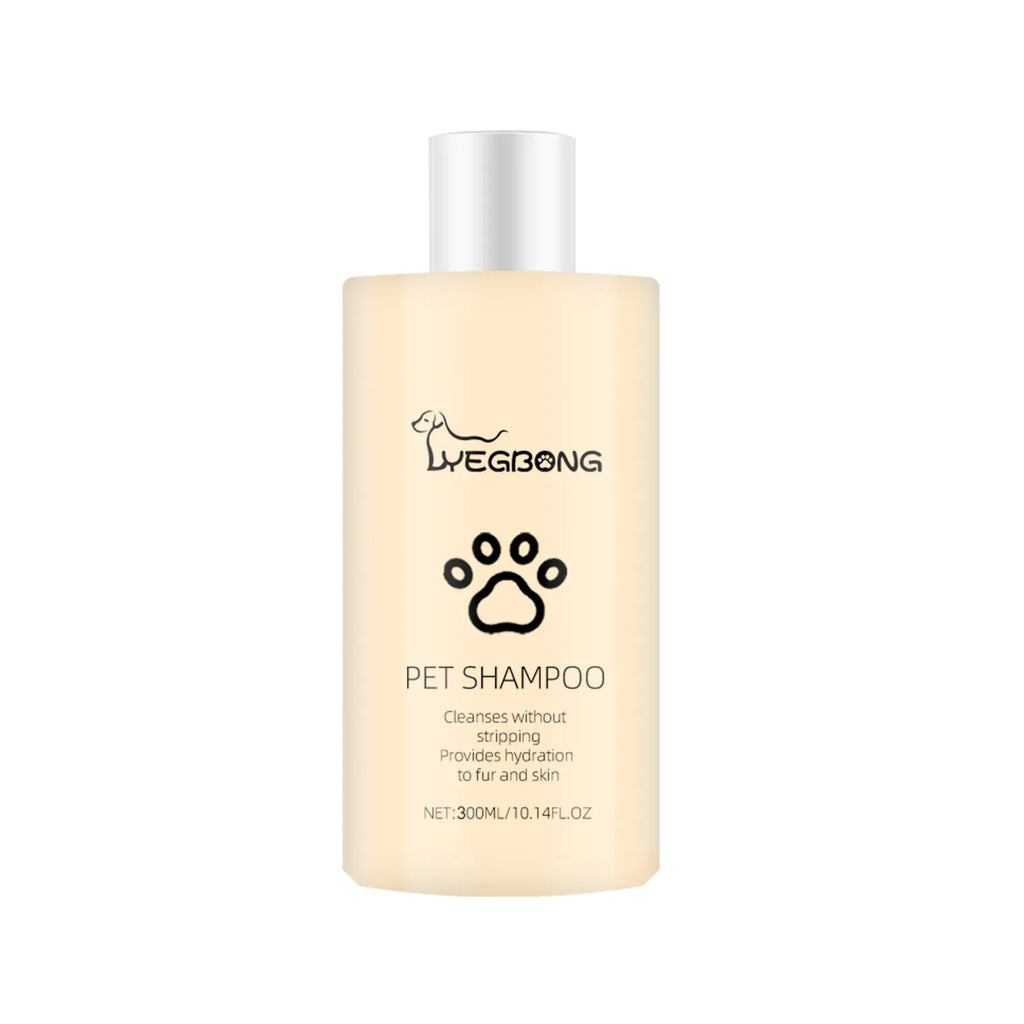 Bottle of mild pet shampoo for dogs and cats in 100ml and 300ml sizes for soft, tangle-free hair.
