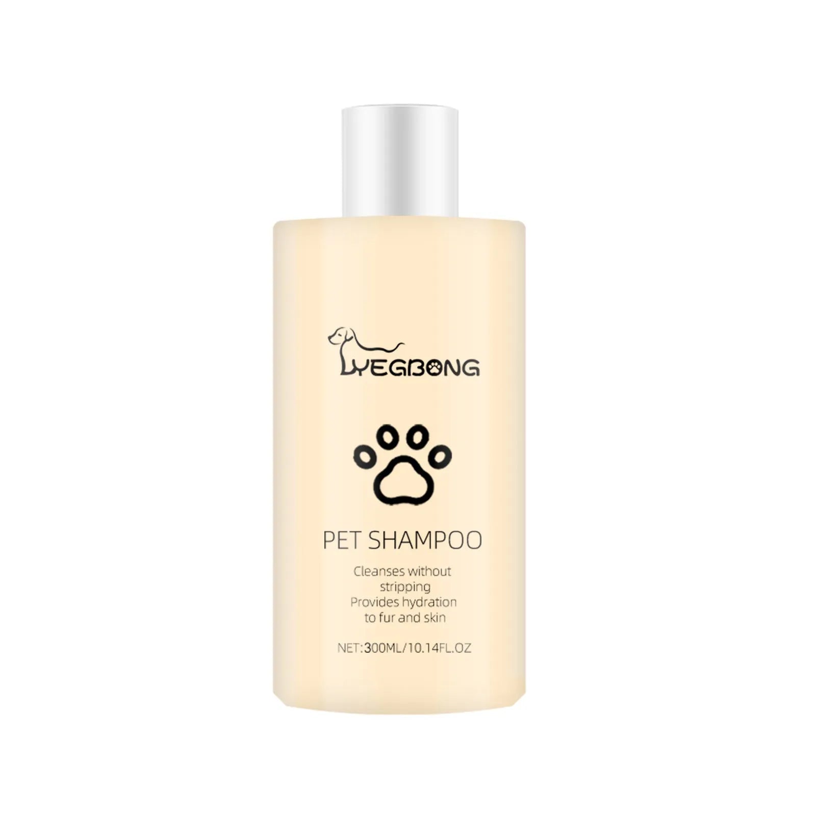 Bottle of mild pet shampoo for dogs and cats in 100ml and 300ml sizes for soft, tangle-free hair.