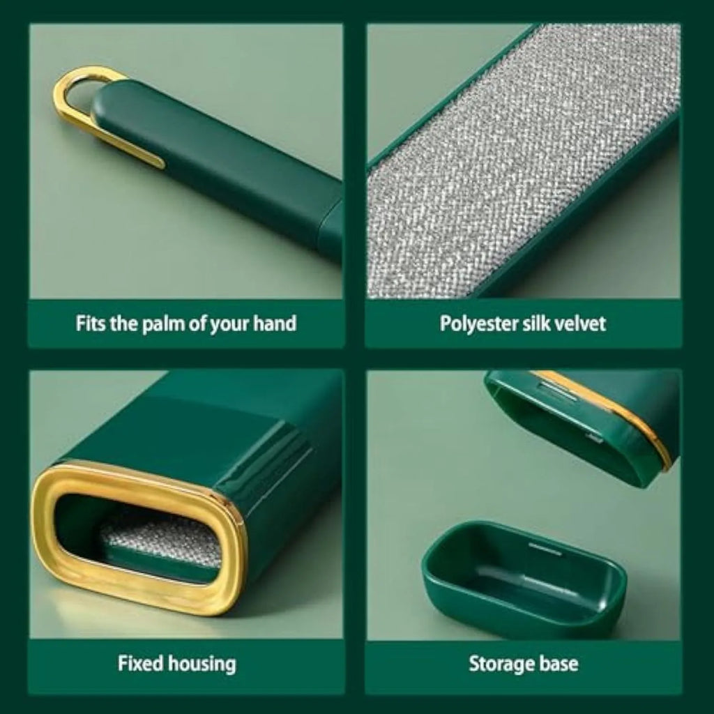 Blue, green, and white pet hair remover brush with a storage box base.