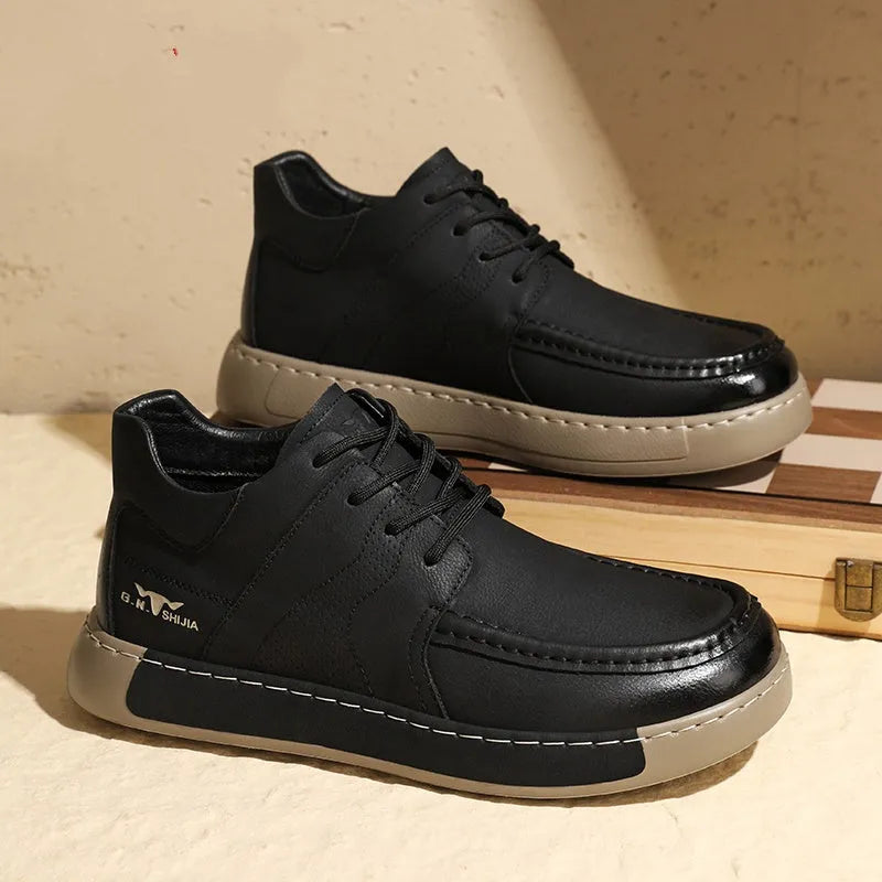 Men's British mid-top leather formal lace-up shoe in khaki and black with stitching detail