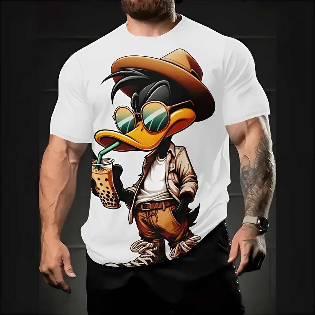 Men's loose-fit casual shirt with cartoon 3D print design in linen fabric, showing short sleeves and relaxed fit