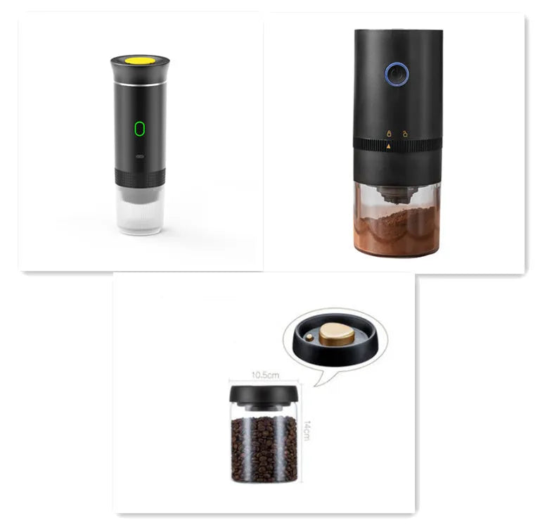 Portable white espresso machine with USB cable on a wooden table