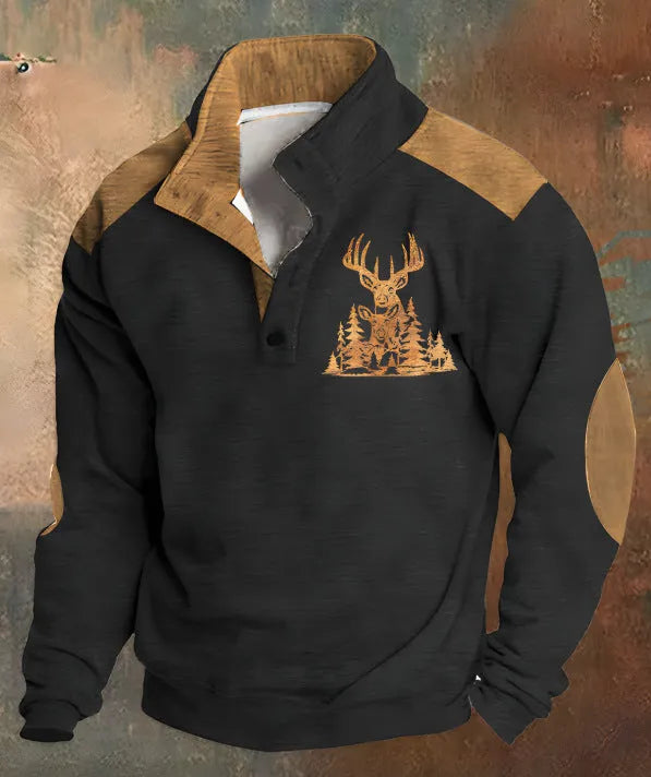 Loose fit long sleeve sweater with a 3D digital printed pattern and a four-button placket front.