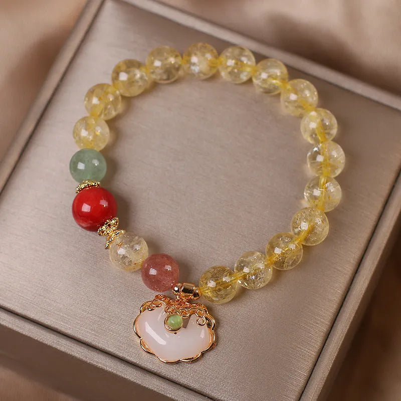 Women's bracelet with natural citrine jade ruyi pendant in yellow hair crystal colour on alloy band