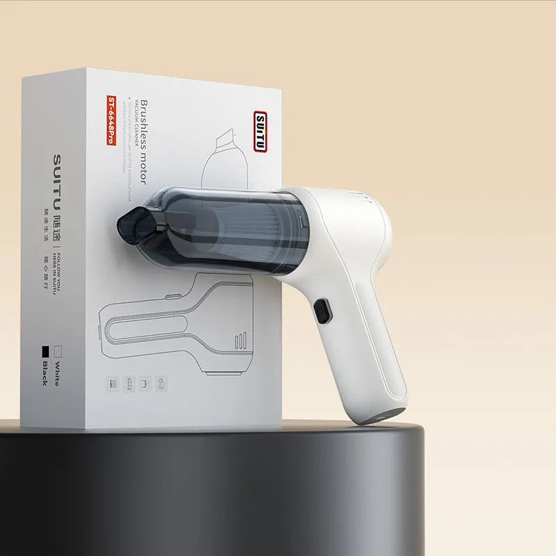 Black cordless car vacuum cleaner with multiple nozzle attachments on a car seat.