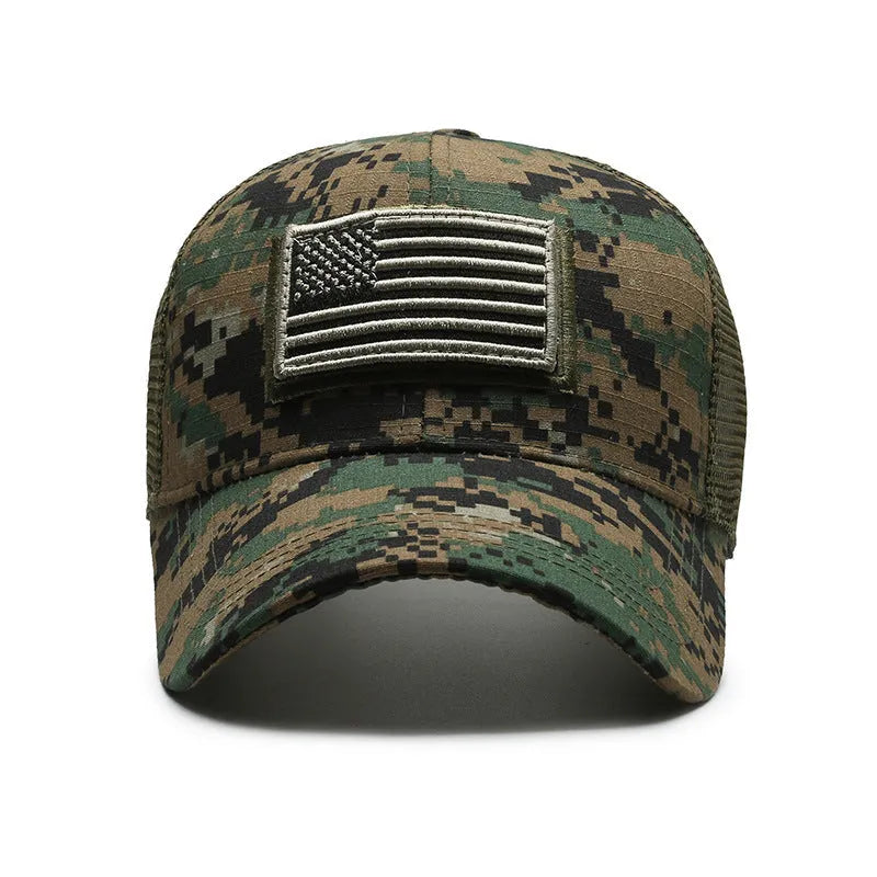 Tactical camouflage baseball cap with adjustable velcro strap and cotton dome crown
