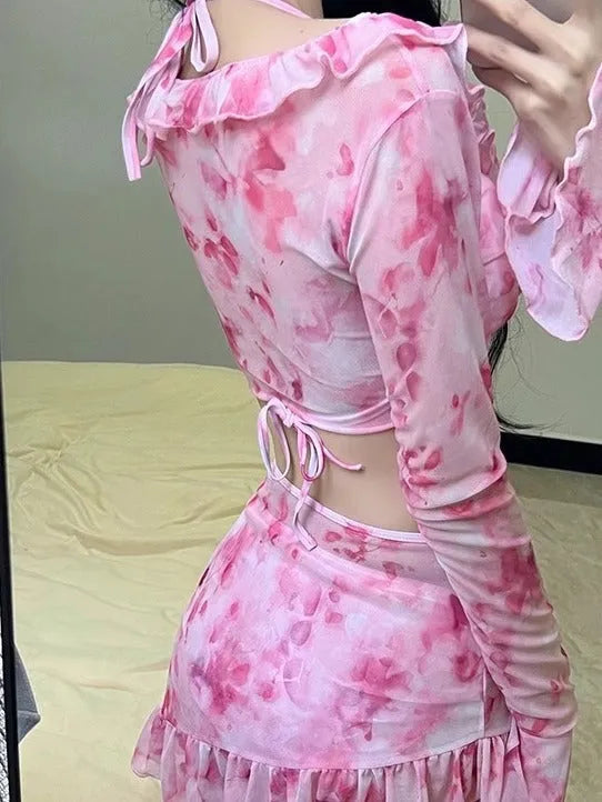 Women's floral pattern bikini swimsuit set in cherry blossom powder colour