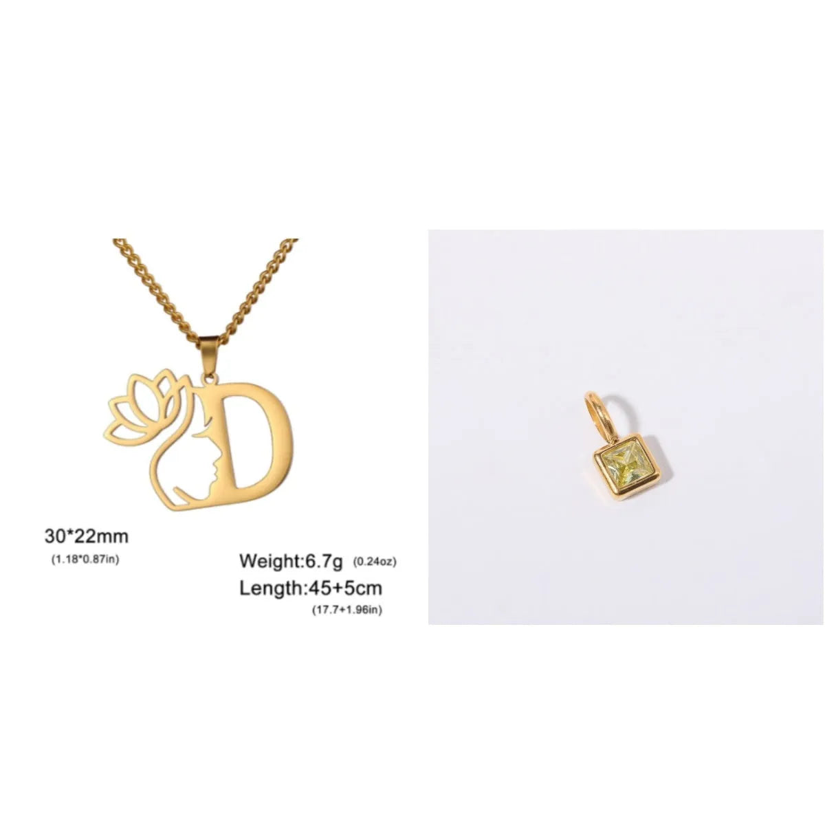 Stainless steel necklace with a cross chain and a single gold-tone letter pendant on a grey background.